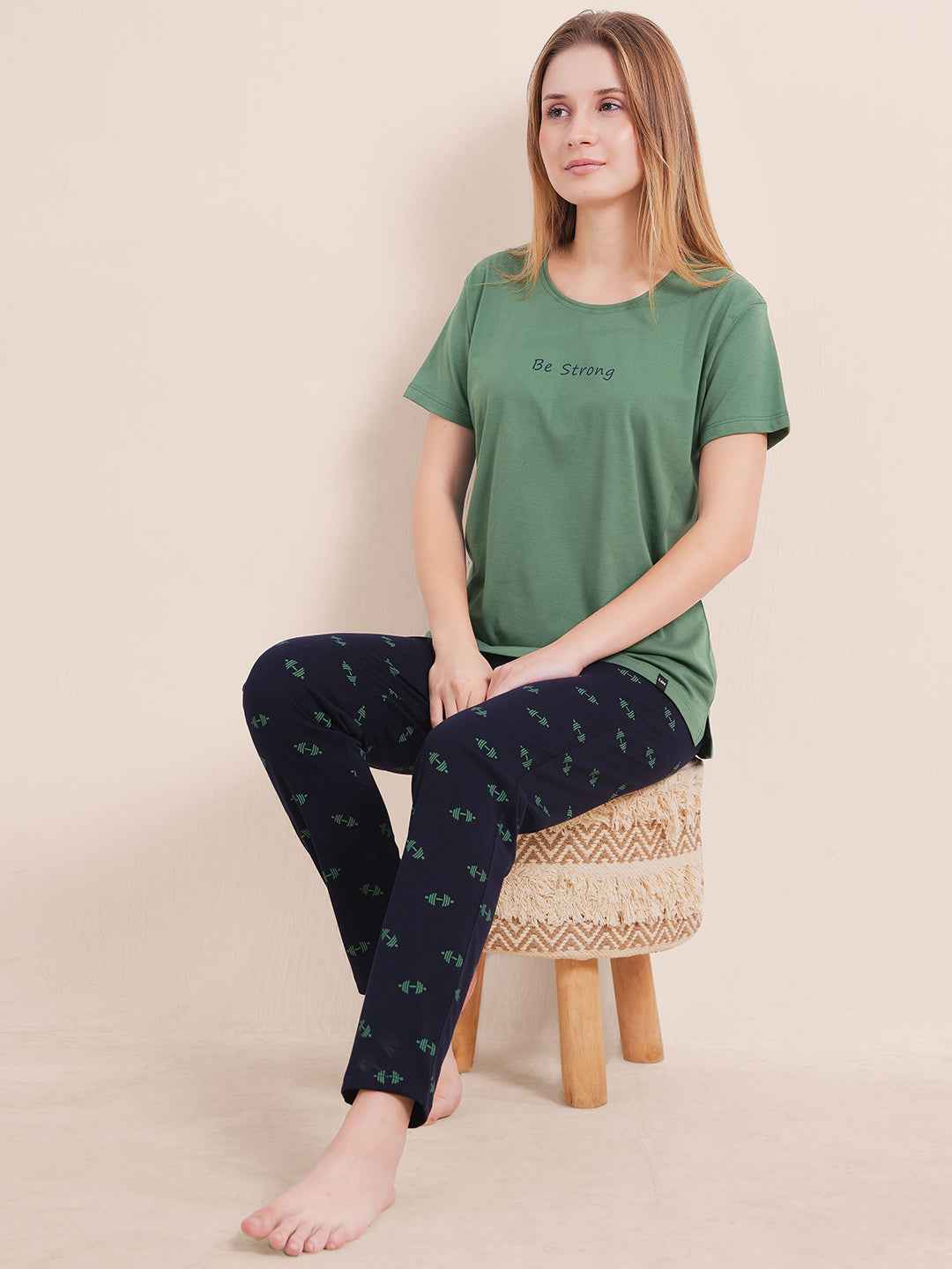 Cotton Night Suit-Green Top with Navy Printed Pyjama