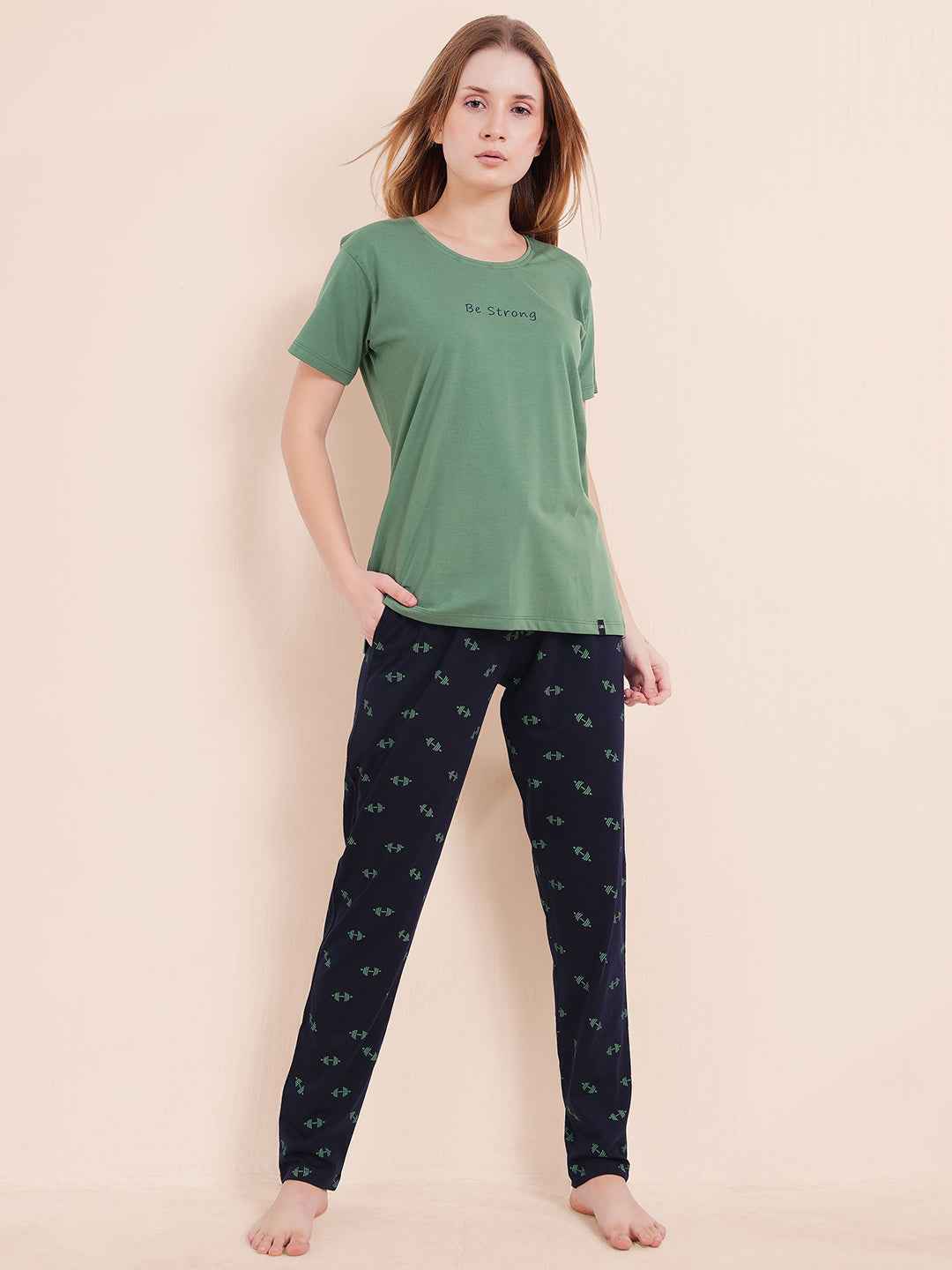 Cotton Night Suit-Green Top with Navy Printed Pyjama