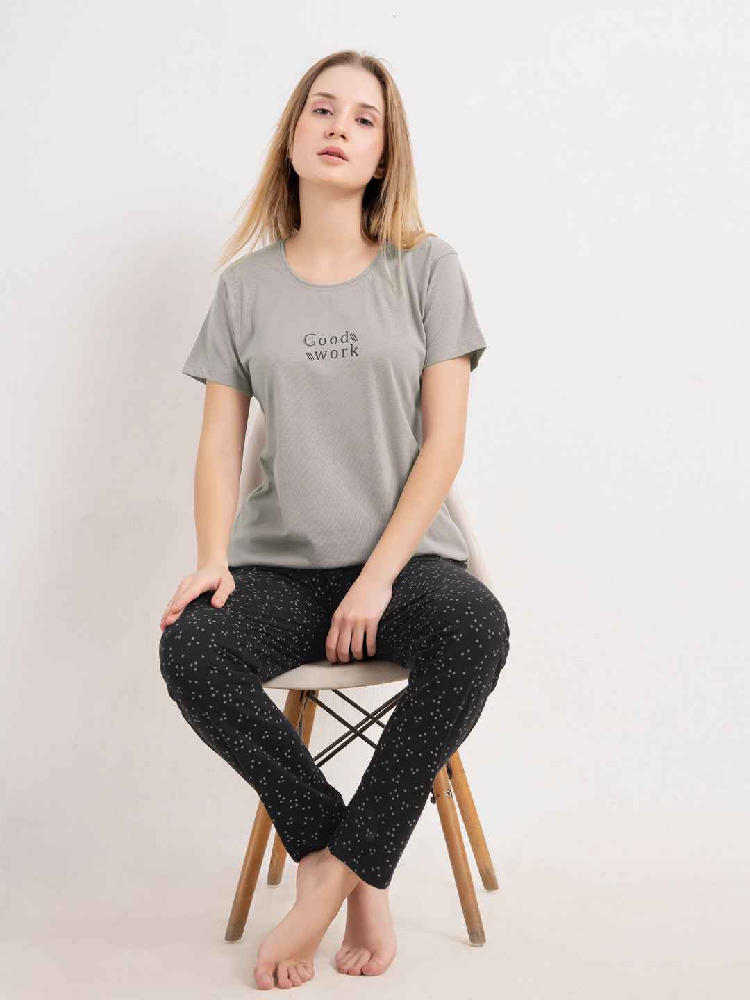 Cotton Night Suit-Grey Top with Black Printed Pyjama