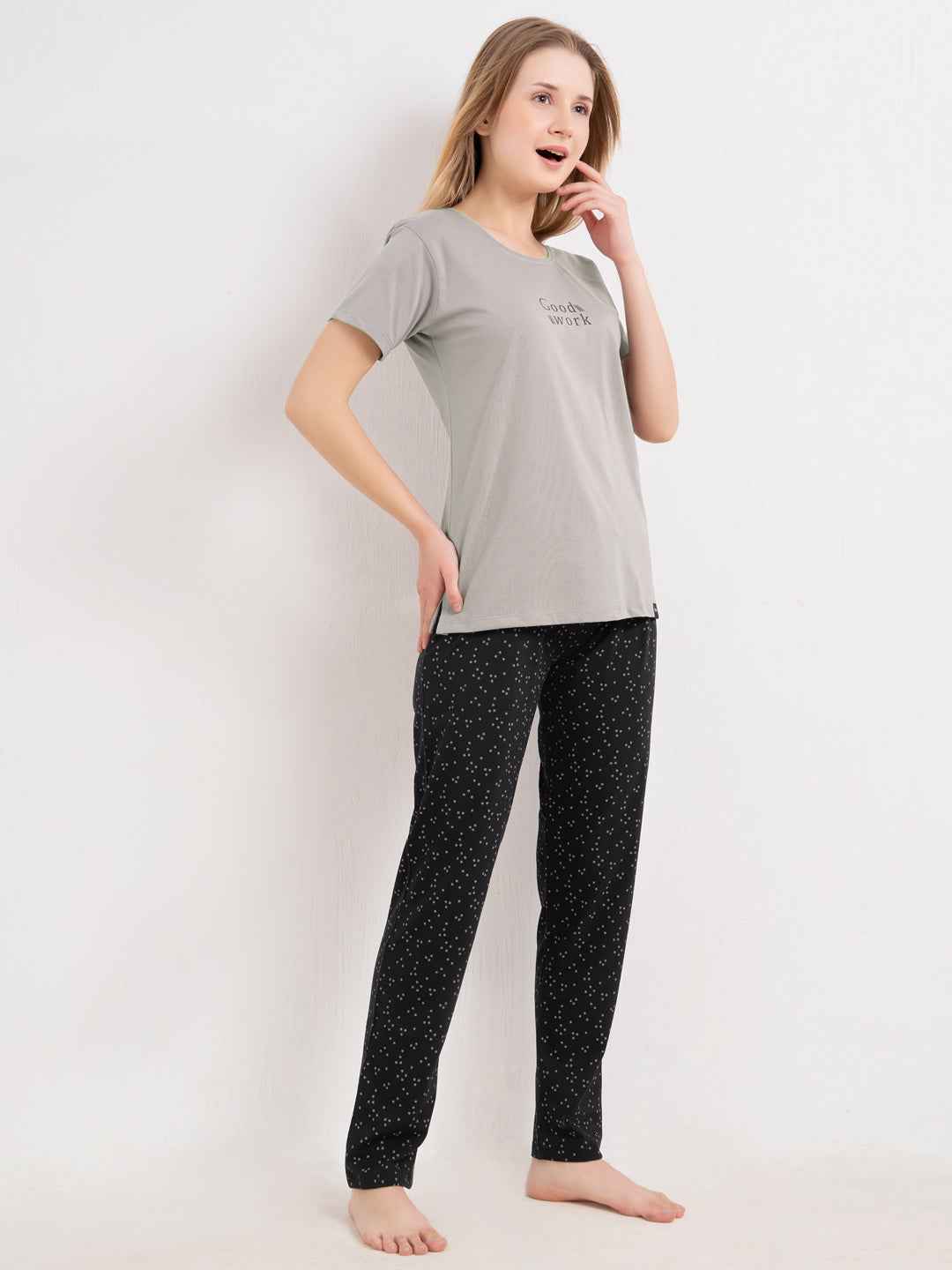 Cotton Night Suit-Grey Top with Black Printed Pyjama