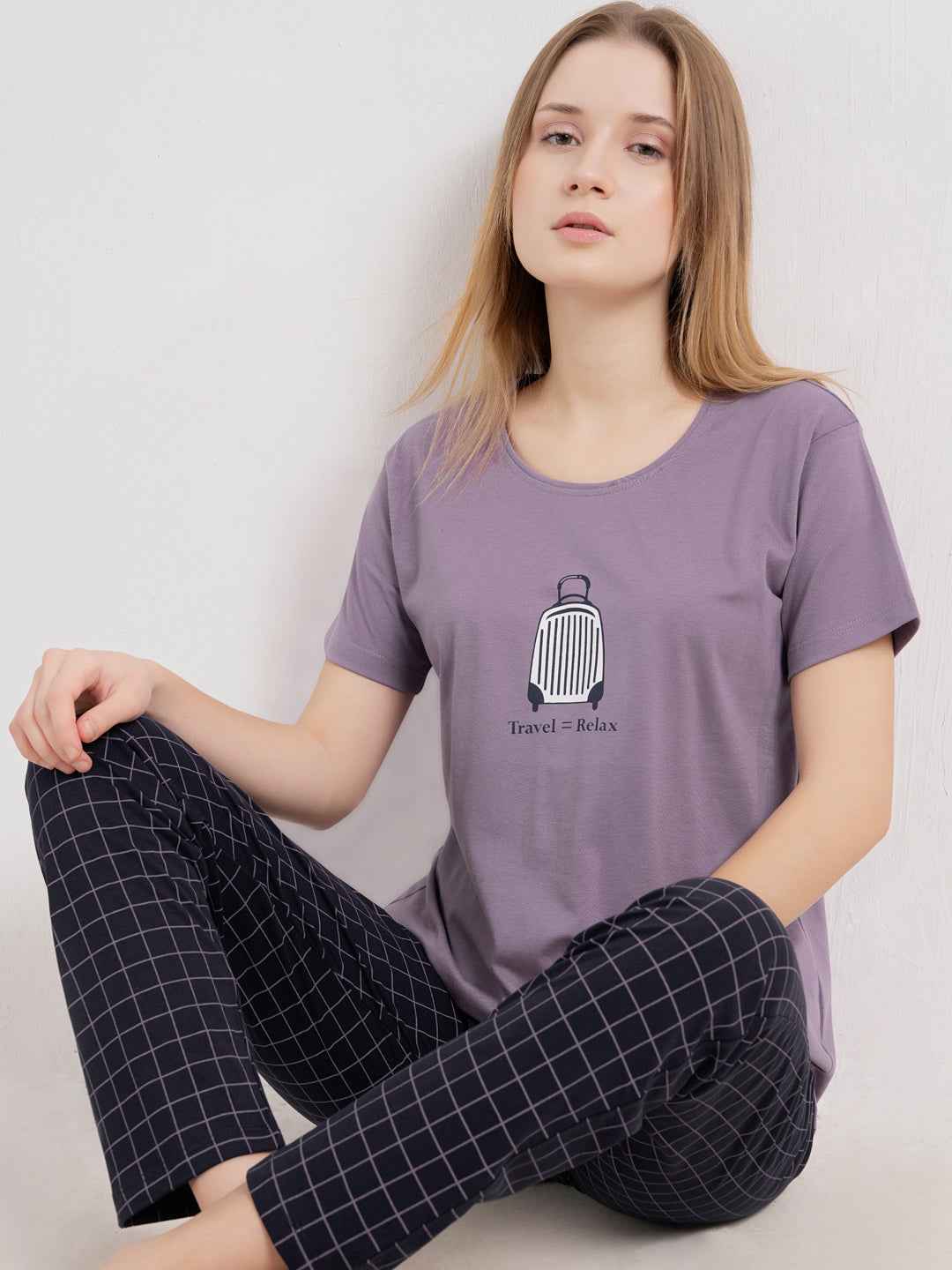 Cotton Night Suit-Purple Top with Navy Checked Pyjama