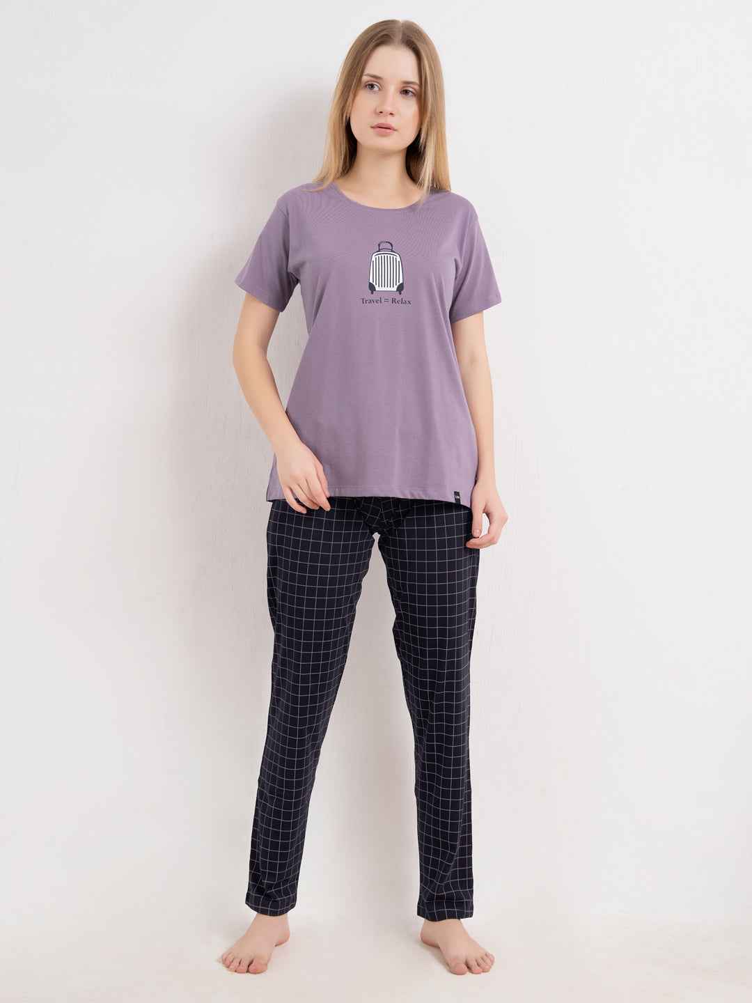 Cotton Night Suit-Purple Top with Navy Checked Pyjama