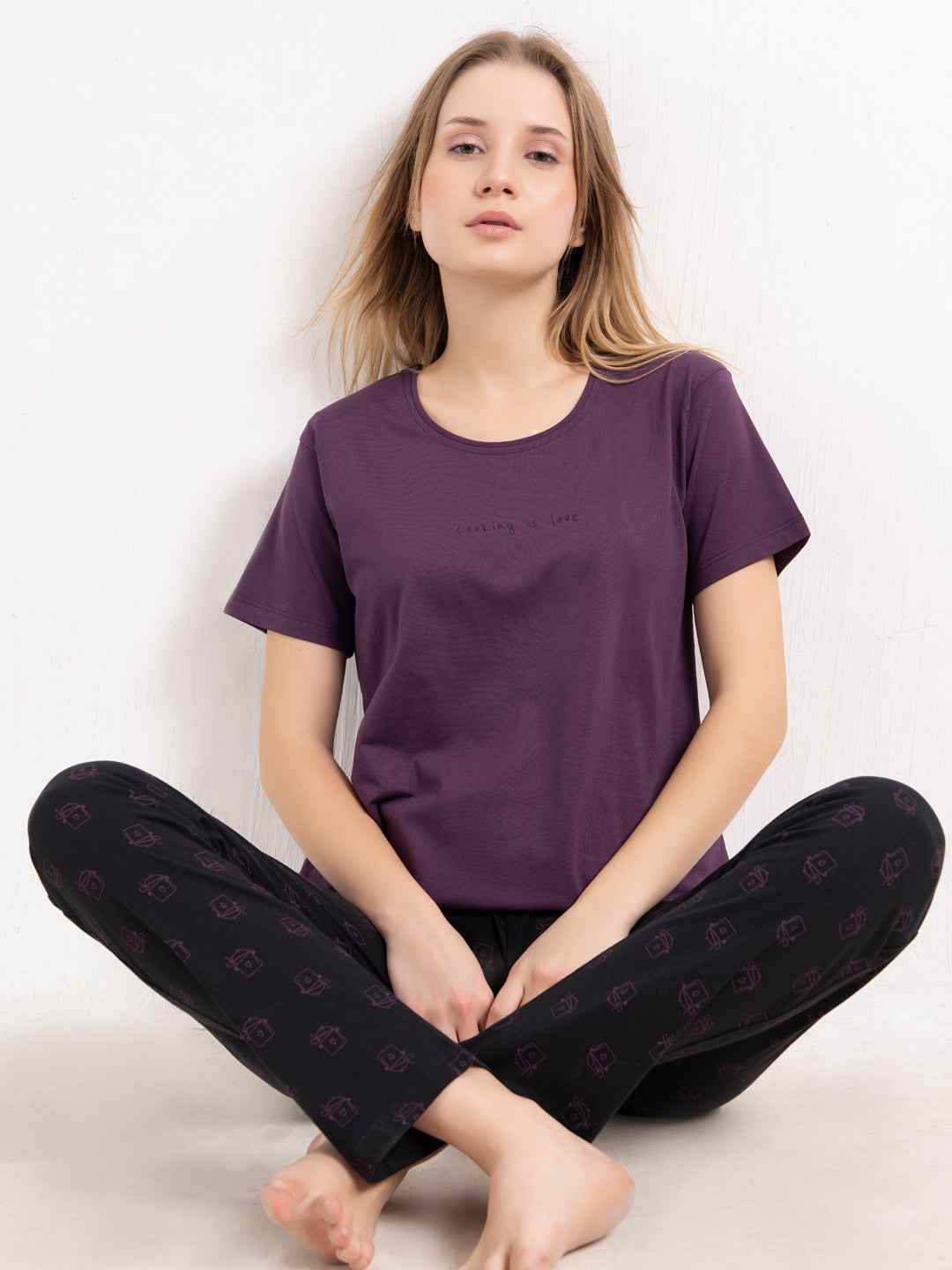 Cotton Night Suit-Purple Top with Black Printed Pyjama