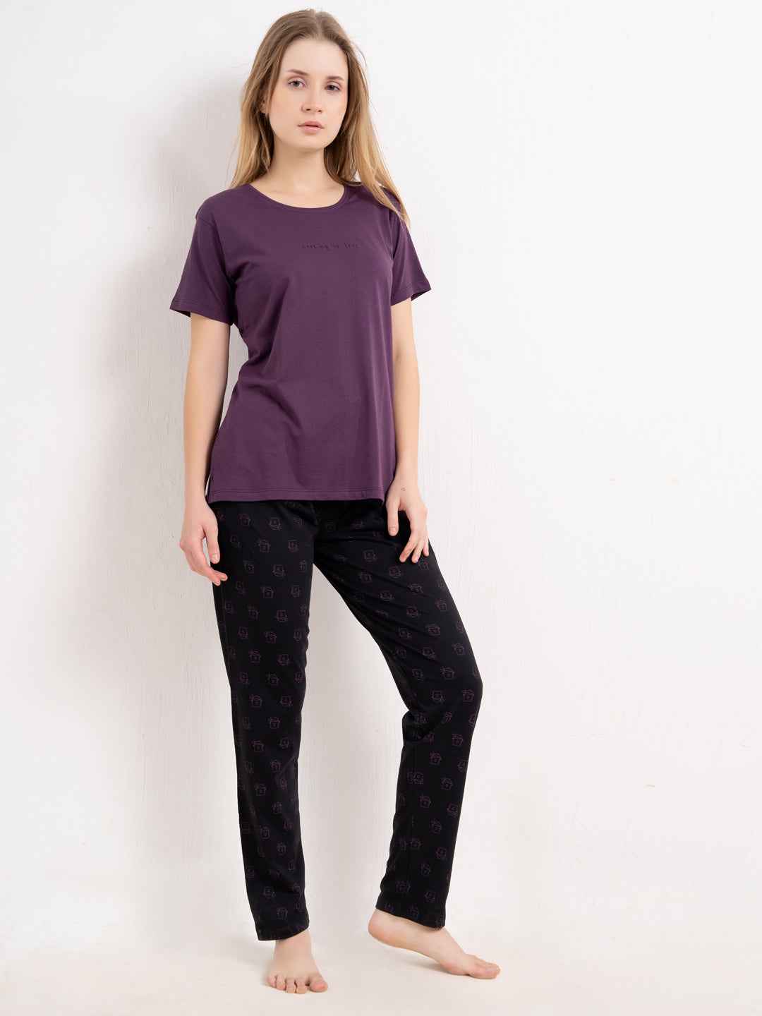 Cotton Night Suit-Purple Top with Black Printed Pyjama