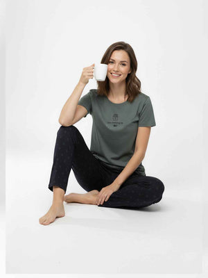 Cotton Night Suit-Grey Top with Black Printed Pyjama