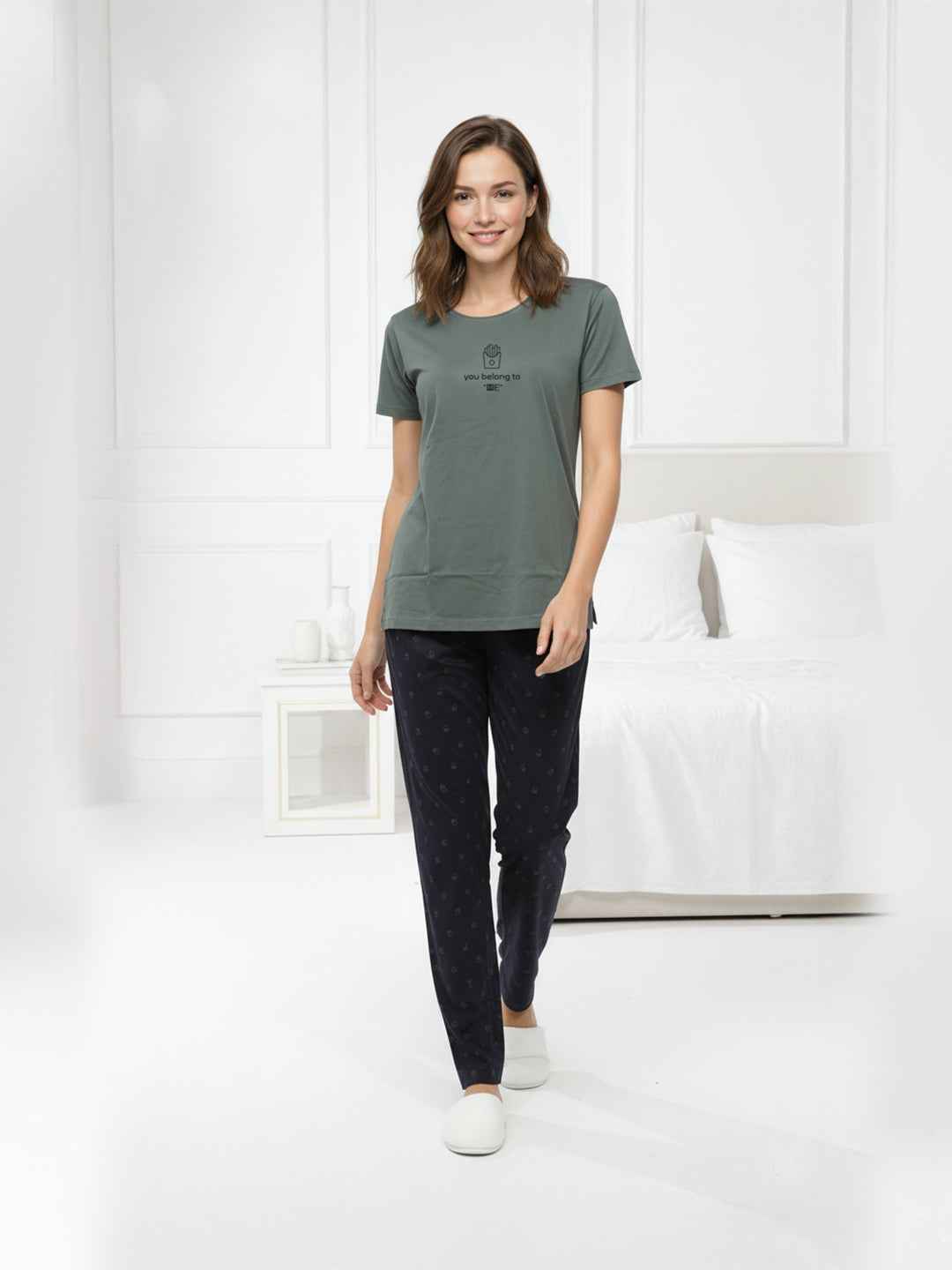 Cotton Night Suit-Grey Top with Black Printed Pyjama