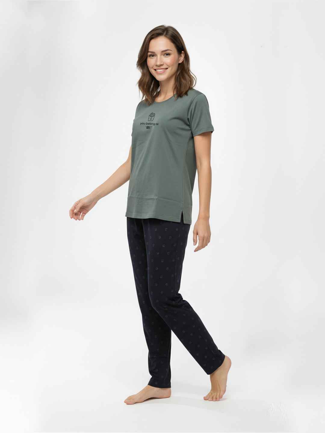 Cotton Night Suit-Grey Top with Black Printed Pyjama