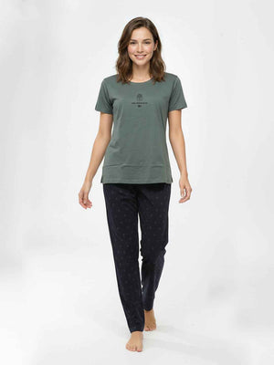 Cotton Night Suit-Grey Top with Black Printed Pyjama