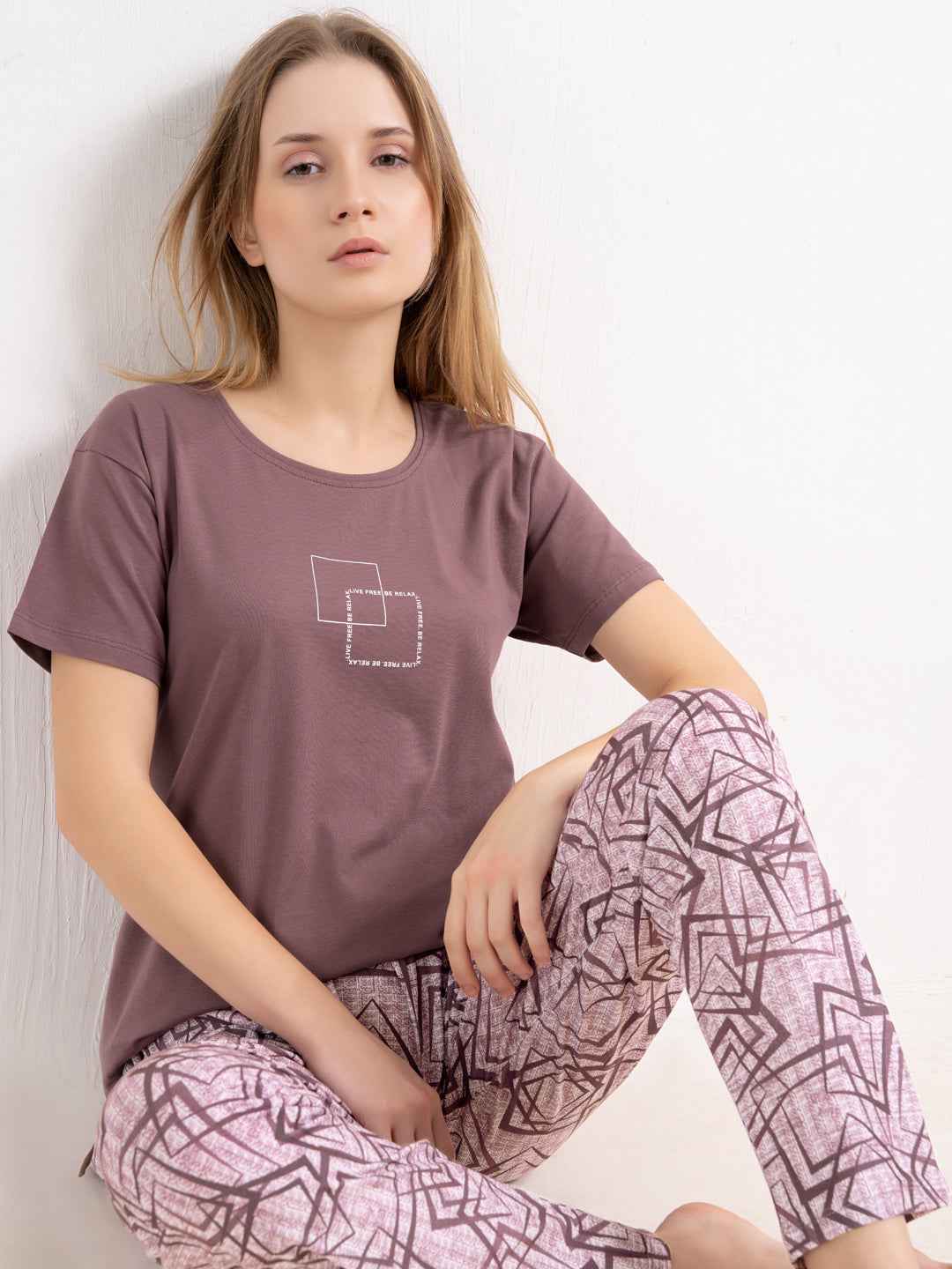 Cotton Night Suit-Maroon Top with Pink Printed Pyjama