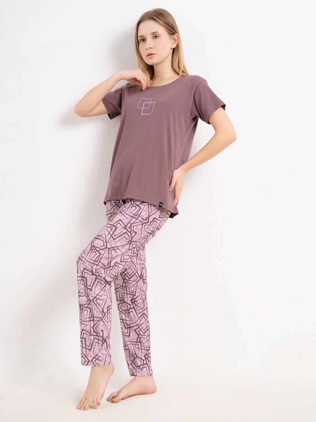 Cotton Night Suit-Maroon Top with Pink Printed Pyjama