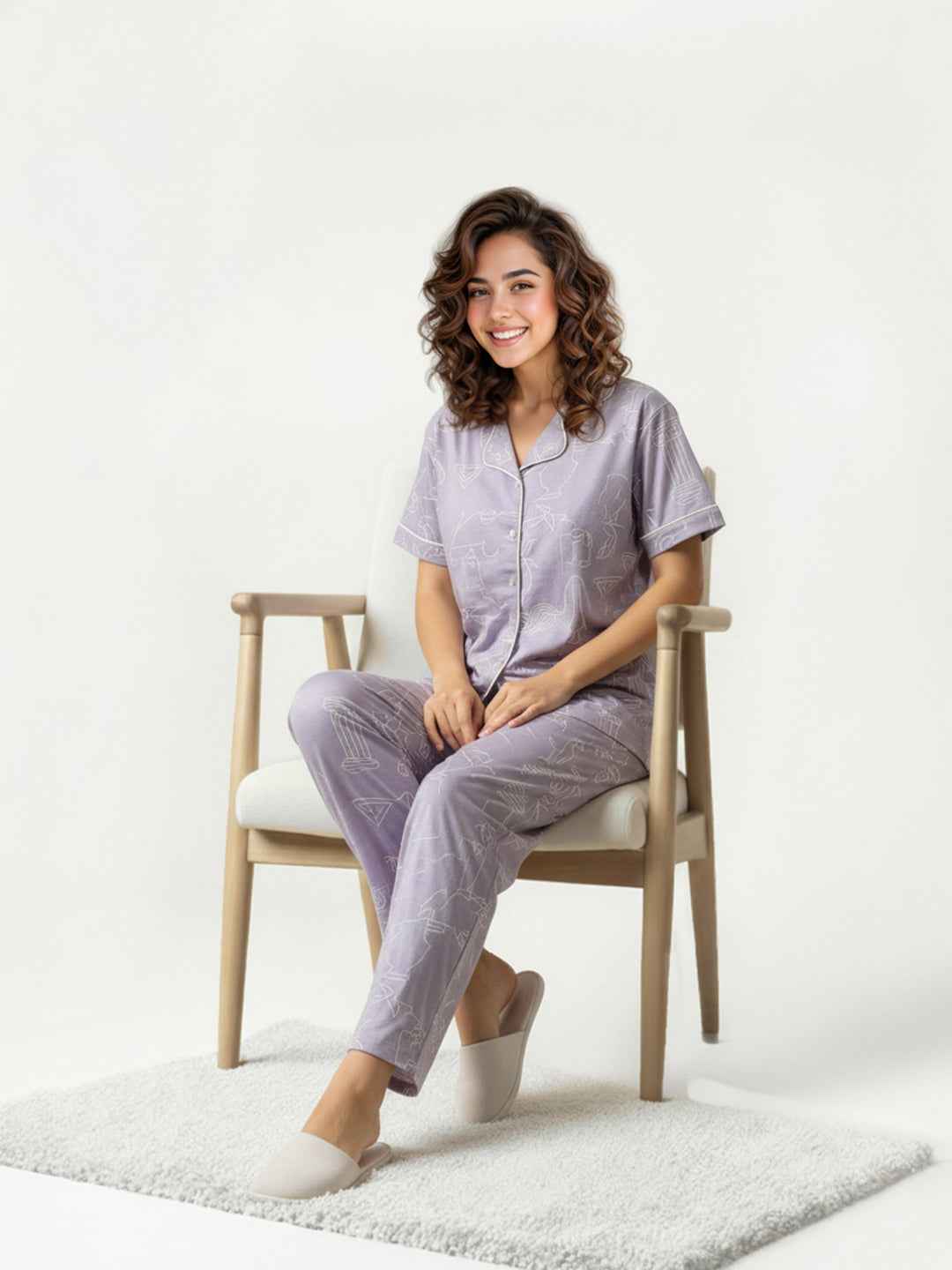 Purple Cotton Printed Night Suit- Printed Shirt & Pyjama