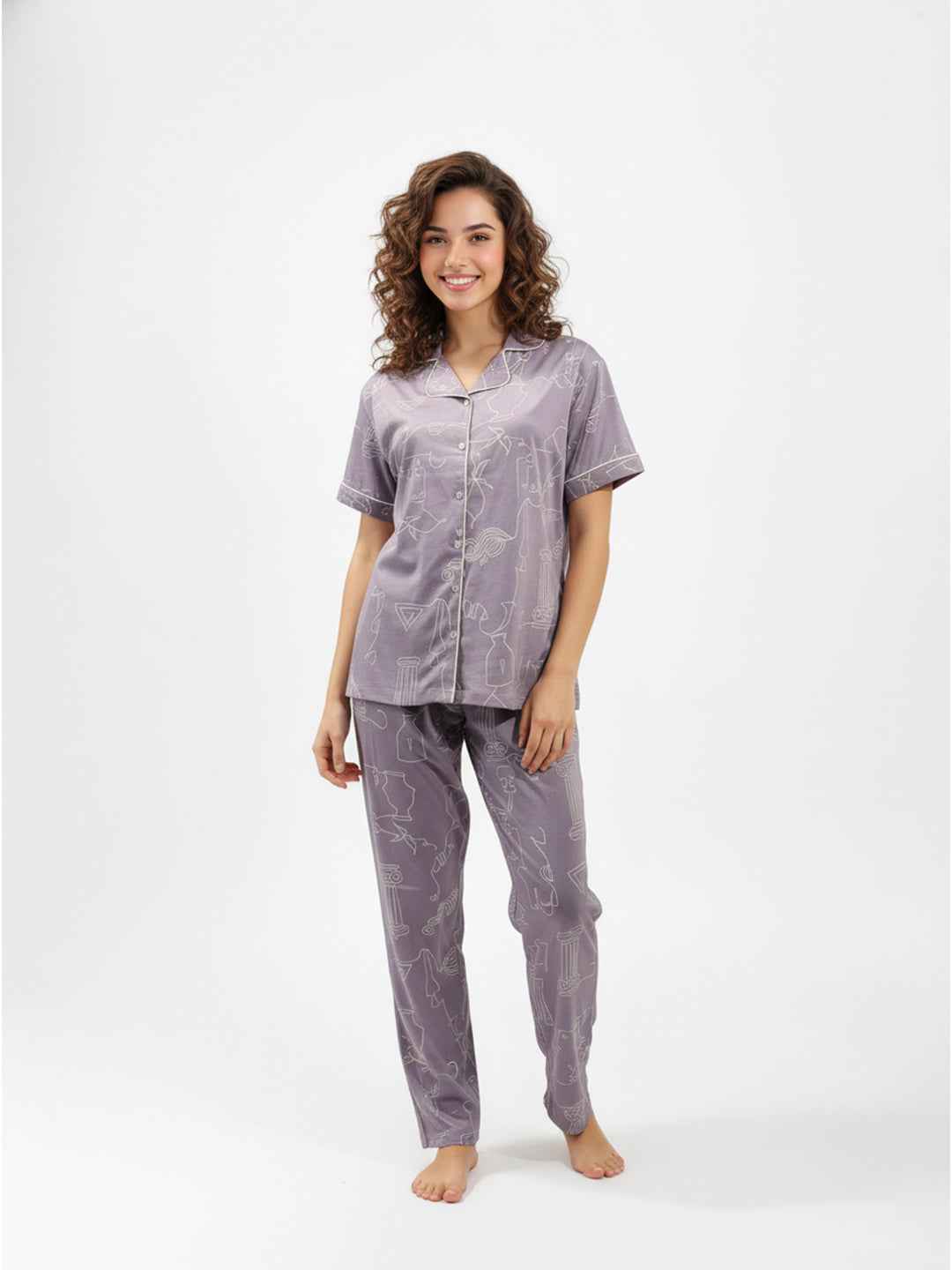 Purple Cotton Printed Night Suit- Printed Shirt & Pyjama