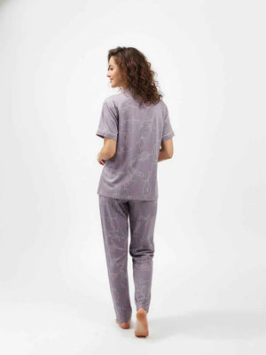 Purple Cotton Printed Night Suit- Printed Shirt & Pyjama
