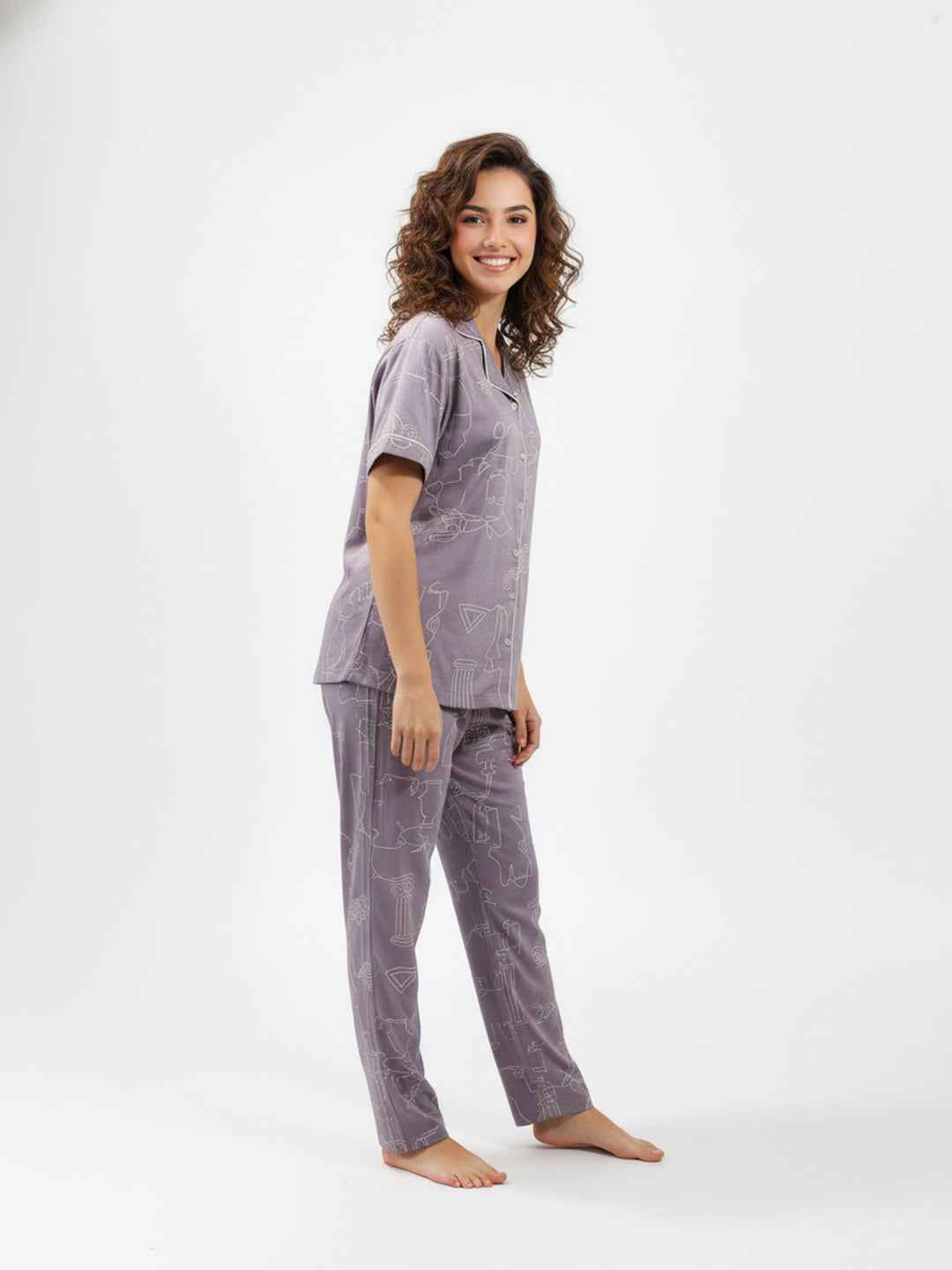 Purple Cotton Printed Night Suit- Printed Shirt & Pyjama