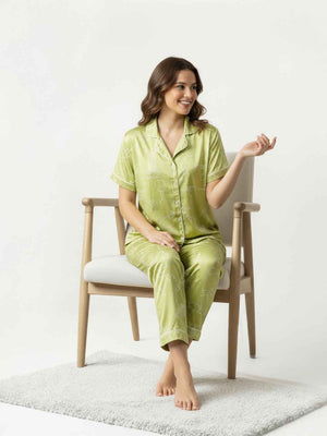 Green Cotton Printed Night Suit- Printed Shirt & Pyjama