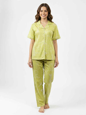 Green Cotton Printed Night Suit- Printed Shirt & Pyjama