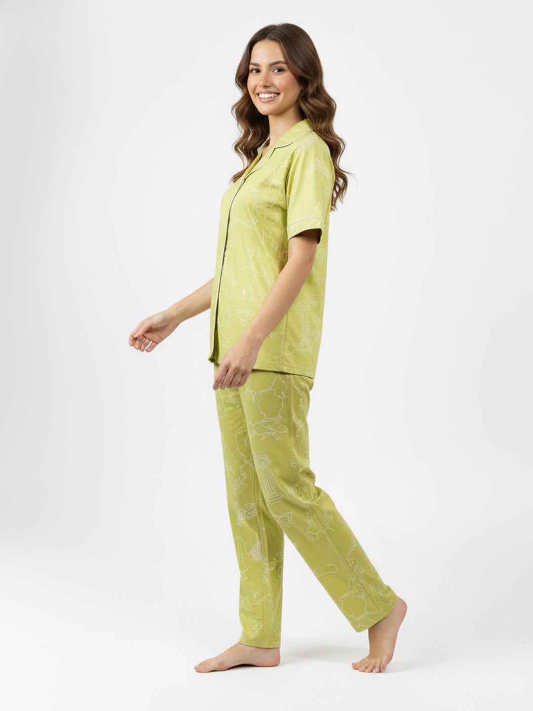 Green Cotton Printed Night Suit- Printed Shirt & Pyjama