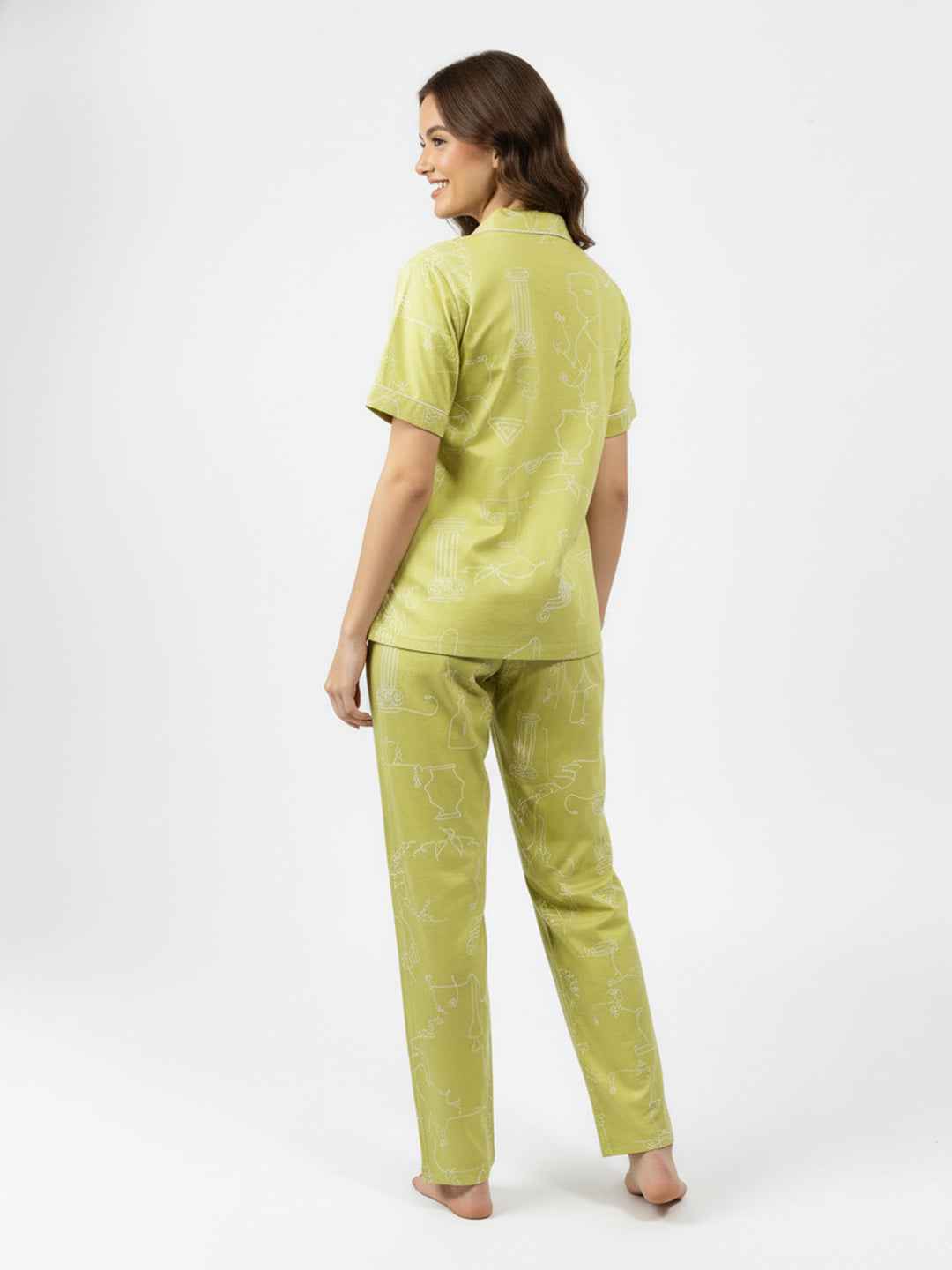 Green Cotton Printed Night Suit- Printed Shirt & Pyjama