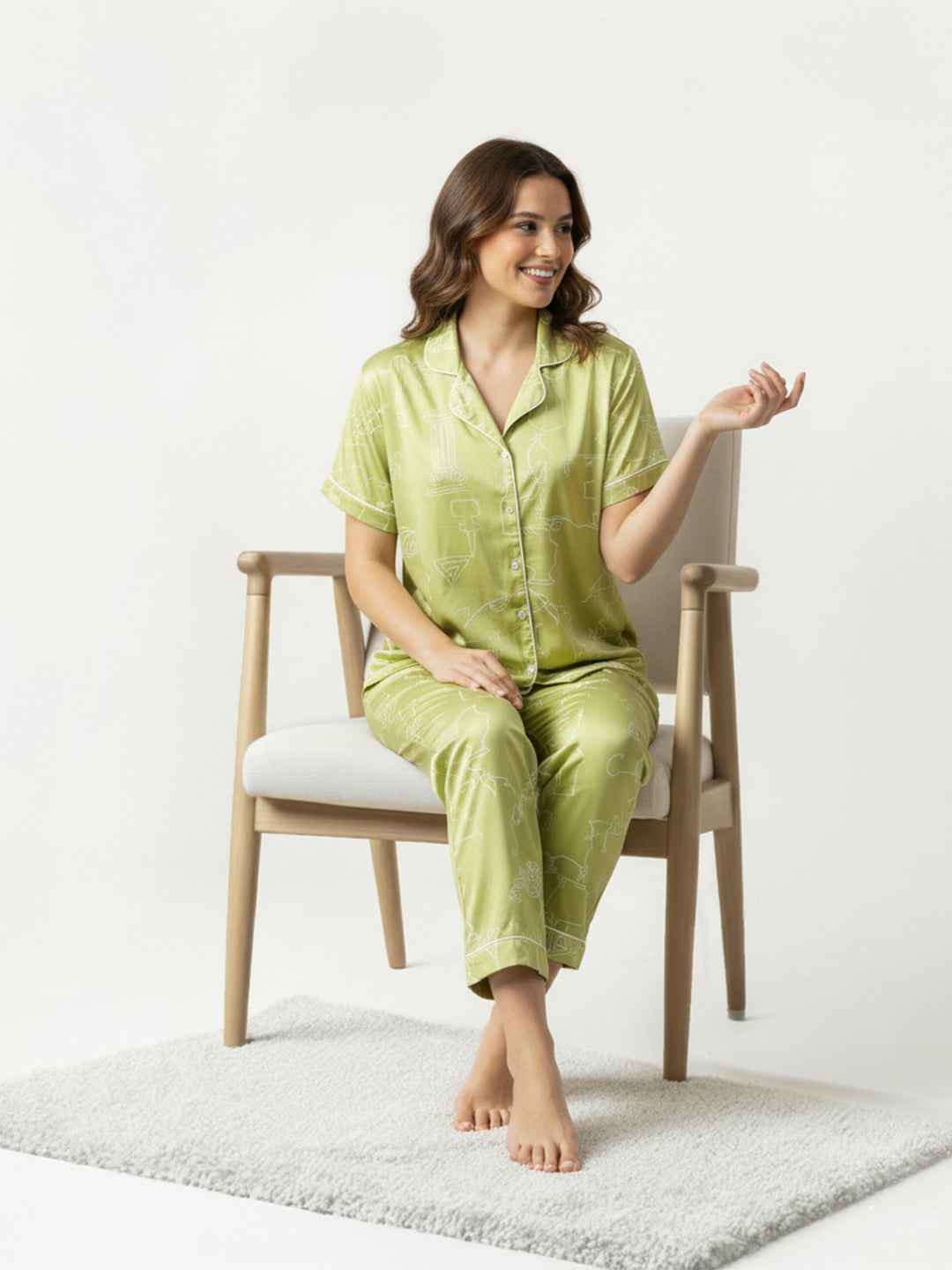 Green Cotton Printed Night Suit- Printed Shirt & Pyjama