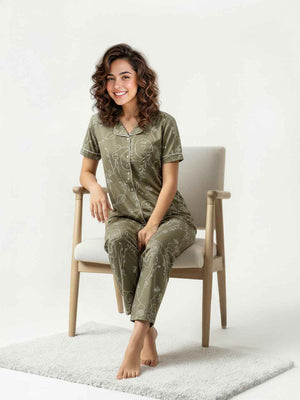 Olive Cotton Printed Night Suit- Printed Shirt & Pyjama