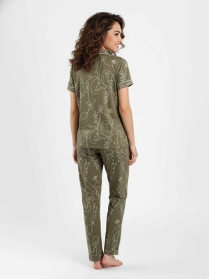 Olive Cotton Printed Night Suit- Printed Shirt & Pyjama