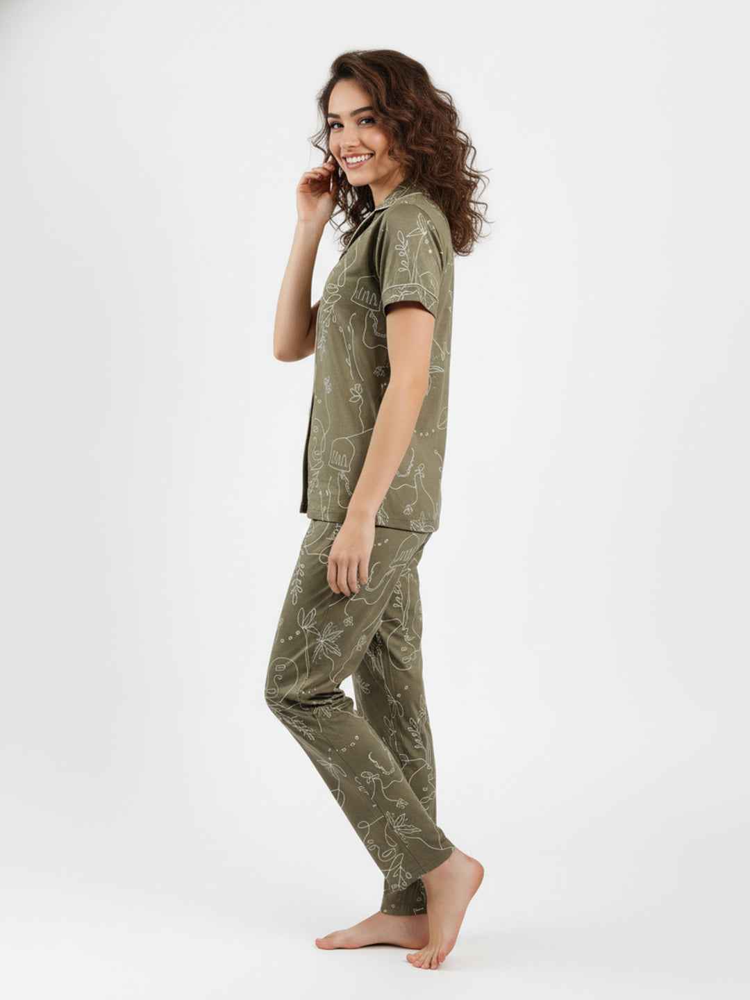 Olive Cotton Printed Night Suit- Printed Shirt & Pyjama