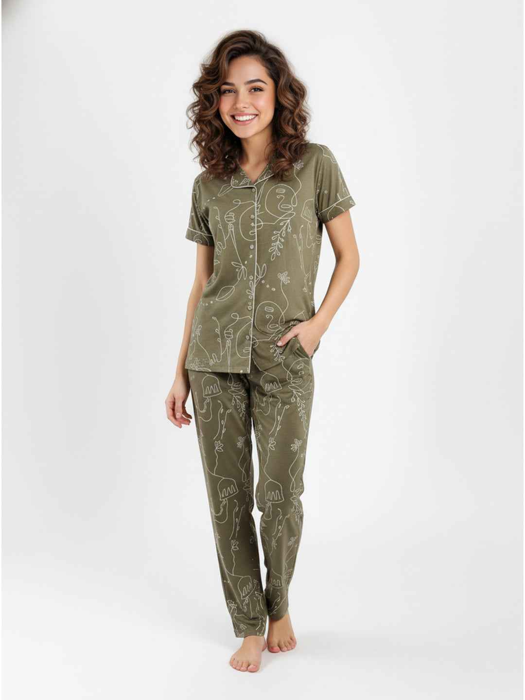 Olive Cotton Printed Night Suit- Printed Shirt & Pyjama