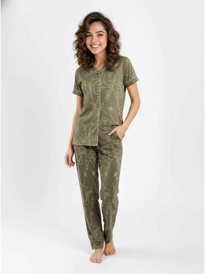 Olive Cotton Printed Night Suit- Printed Shirt & Pyjama
