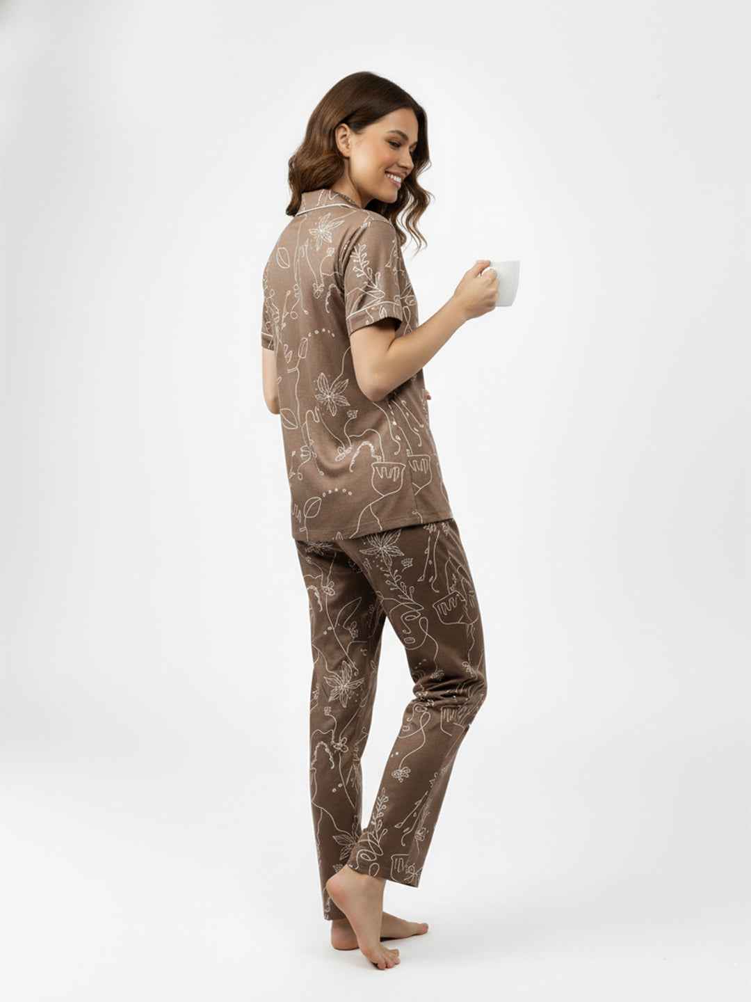 Brown Cotton Printed Night Suit- Printed Shirt & Pyjama