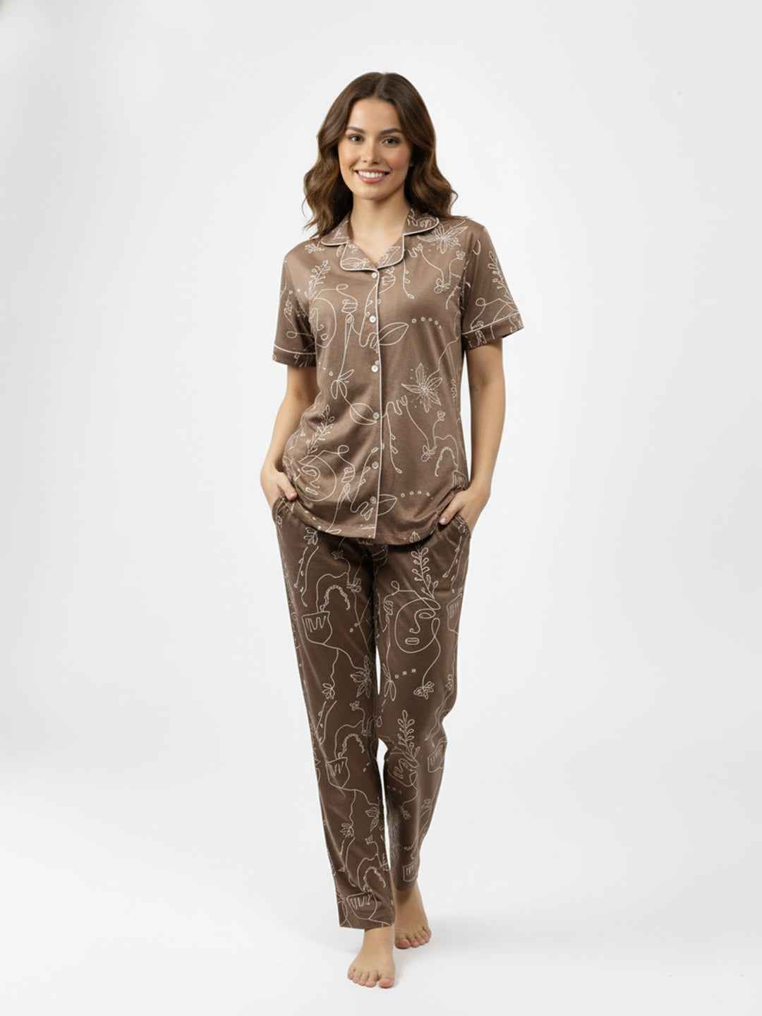 Brown Cotton Printed Night Suit- Printed Shirt & Pyjama