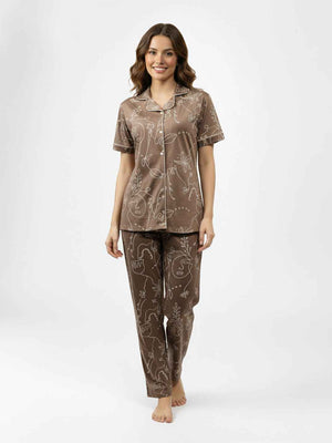 Brown Cotton Printed Night Suit- Printed Shirt & Pyjama