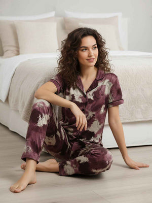 Wine Cotton Printed Night Suit- Printed Shirt & Pyjama