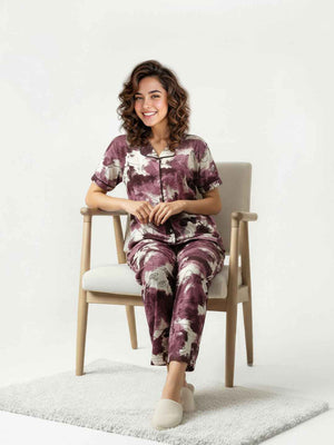 Wine Cotton Printed Night Suit- Printed Shirt & Pyjama