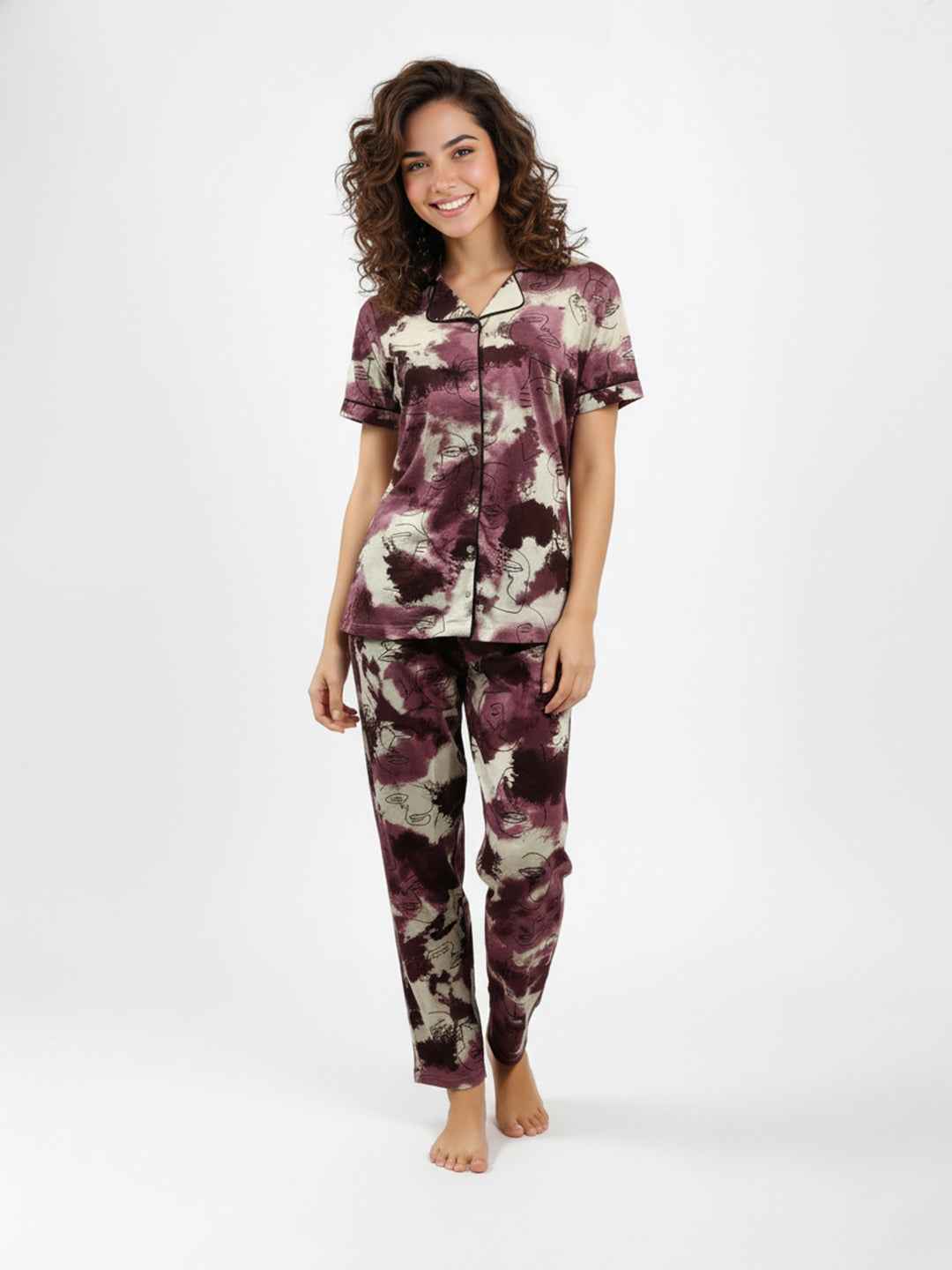 Wine Cotton Printed Night Suit- Printed Shirt & Pyjama