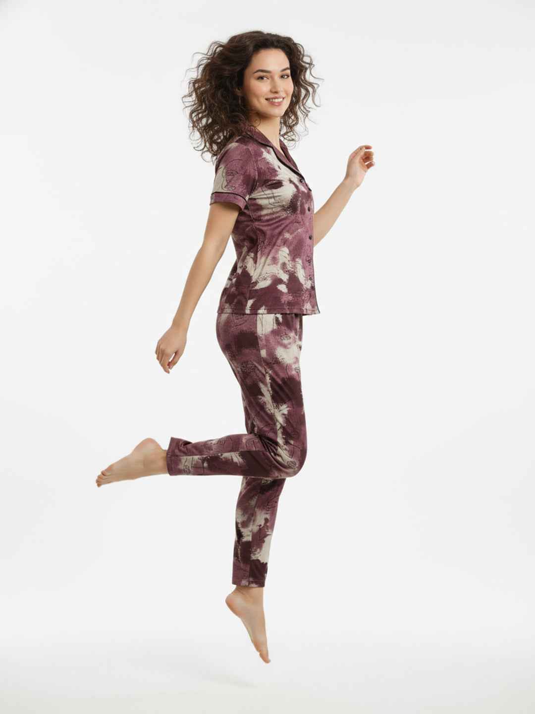 Wine Cotton Printed Night Suit- Printed Shirt & Pyjama