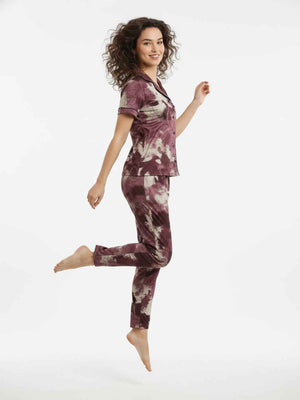 Wine Cotton Printed Night Suit- Printed Shirt & Pyjama