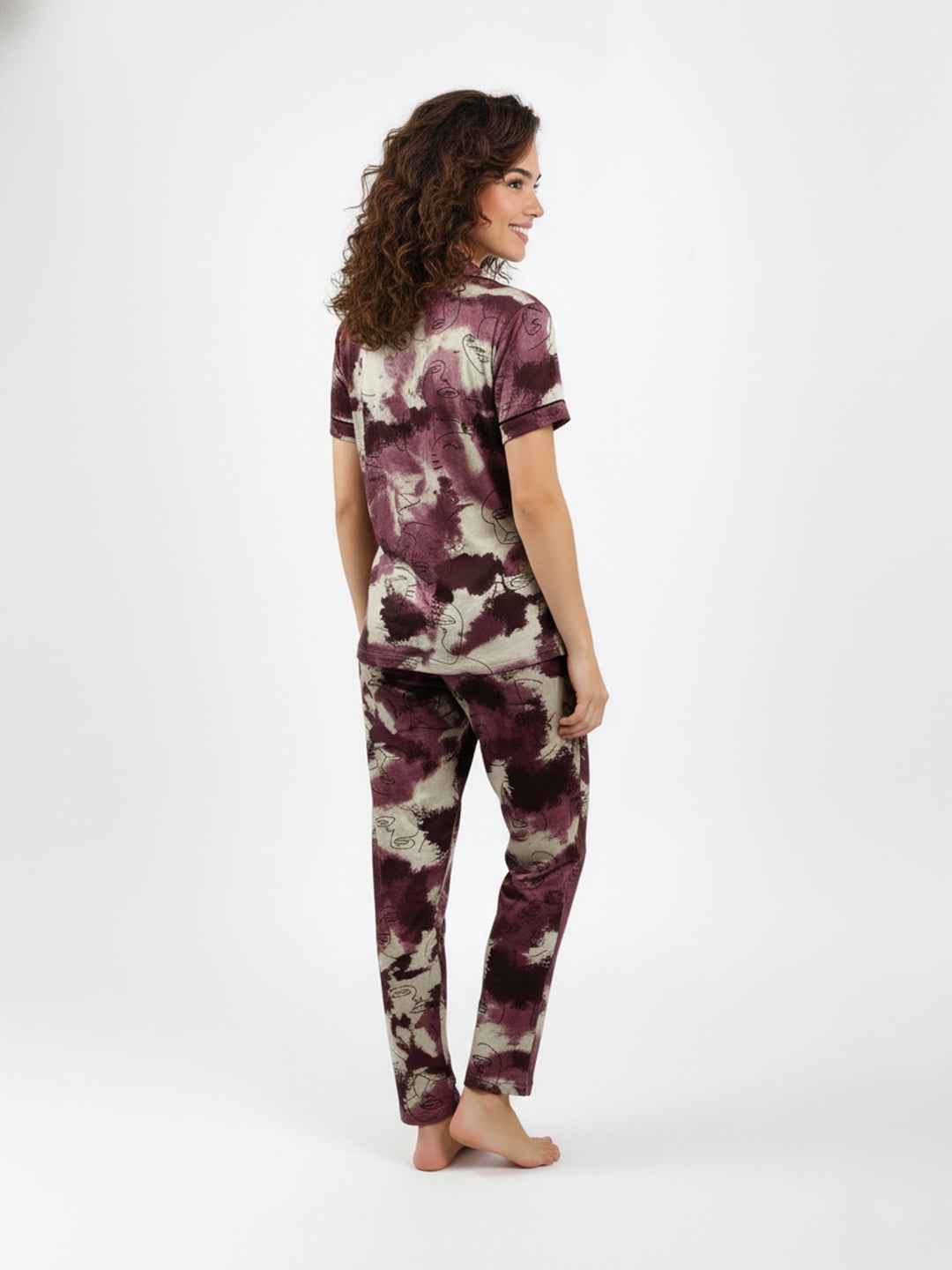 Wine Cotton Printed Night Suit- Printed Shirt & Pyjama