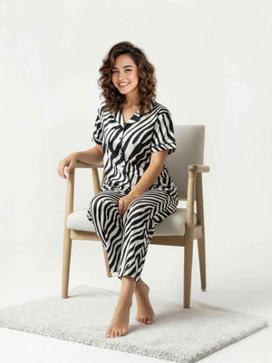 Black & White Cotton Printed Night Suit- Printed Shirt & Pyjama