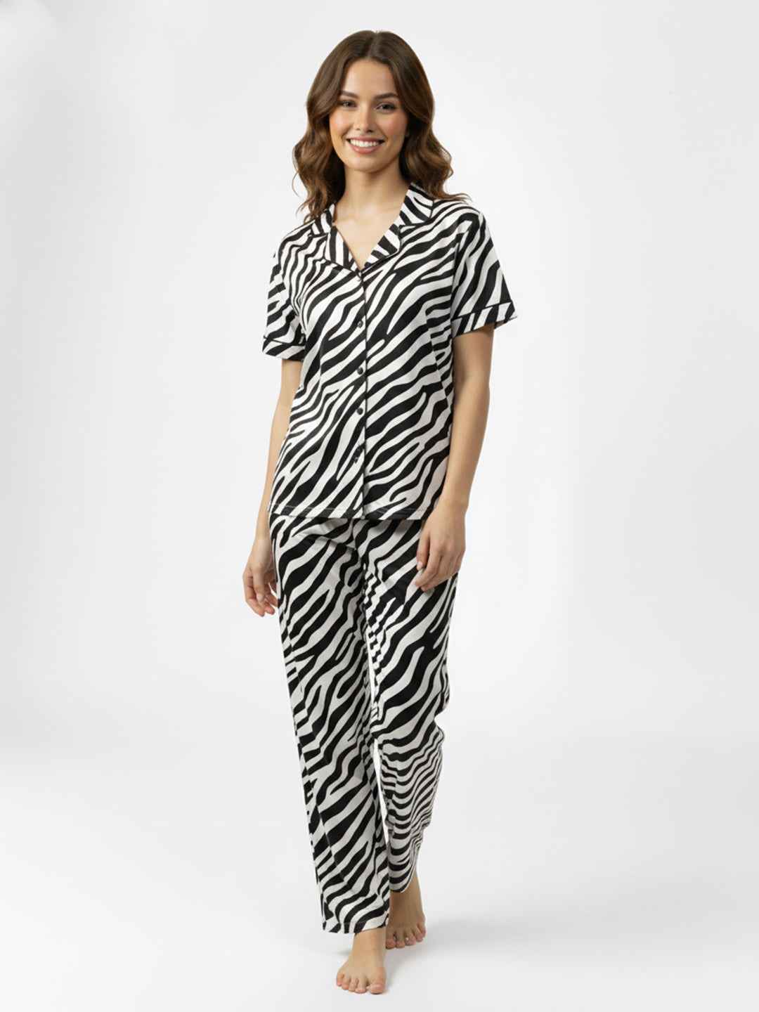 Black & White Cotton Printed Night Suit- Printed Shirt & Pyjama