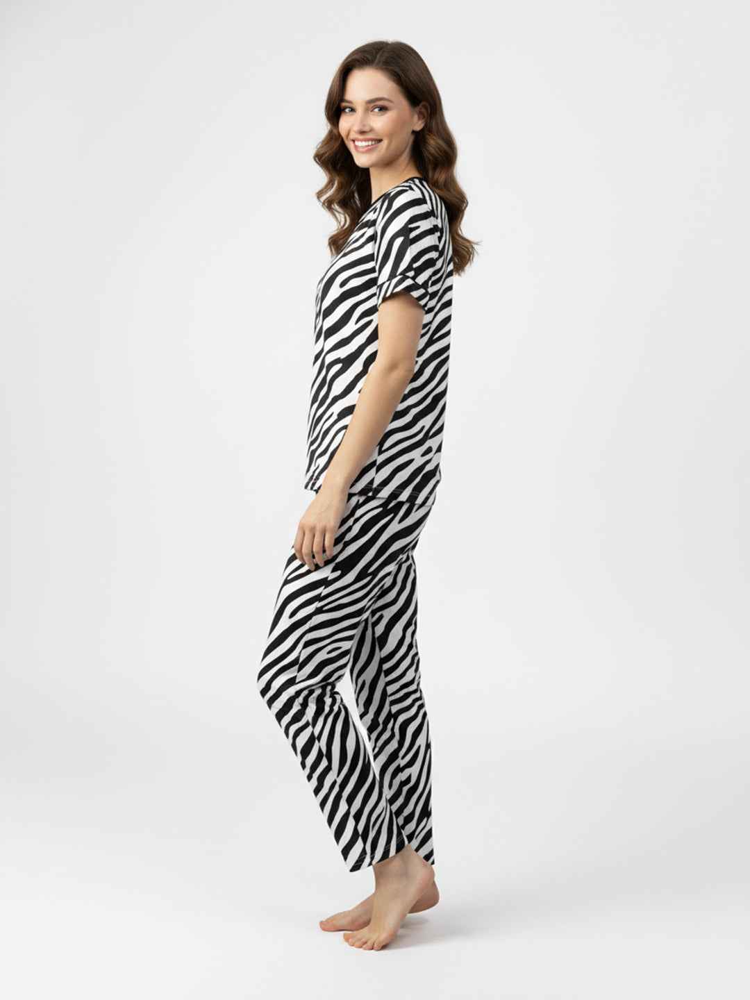 Black & White Cotton Printed Night Suit- Printed Shirt & Pyjama
