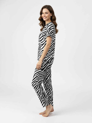 Black & White Cotton Printed Night Suit- Printed Shirt & Pyjama