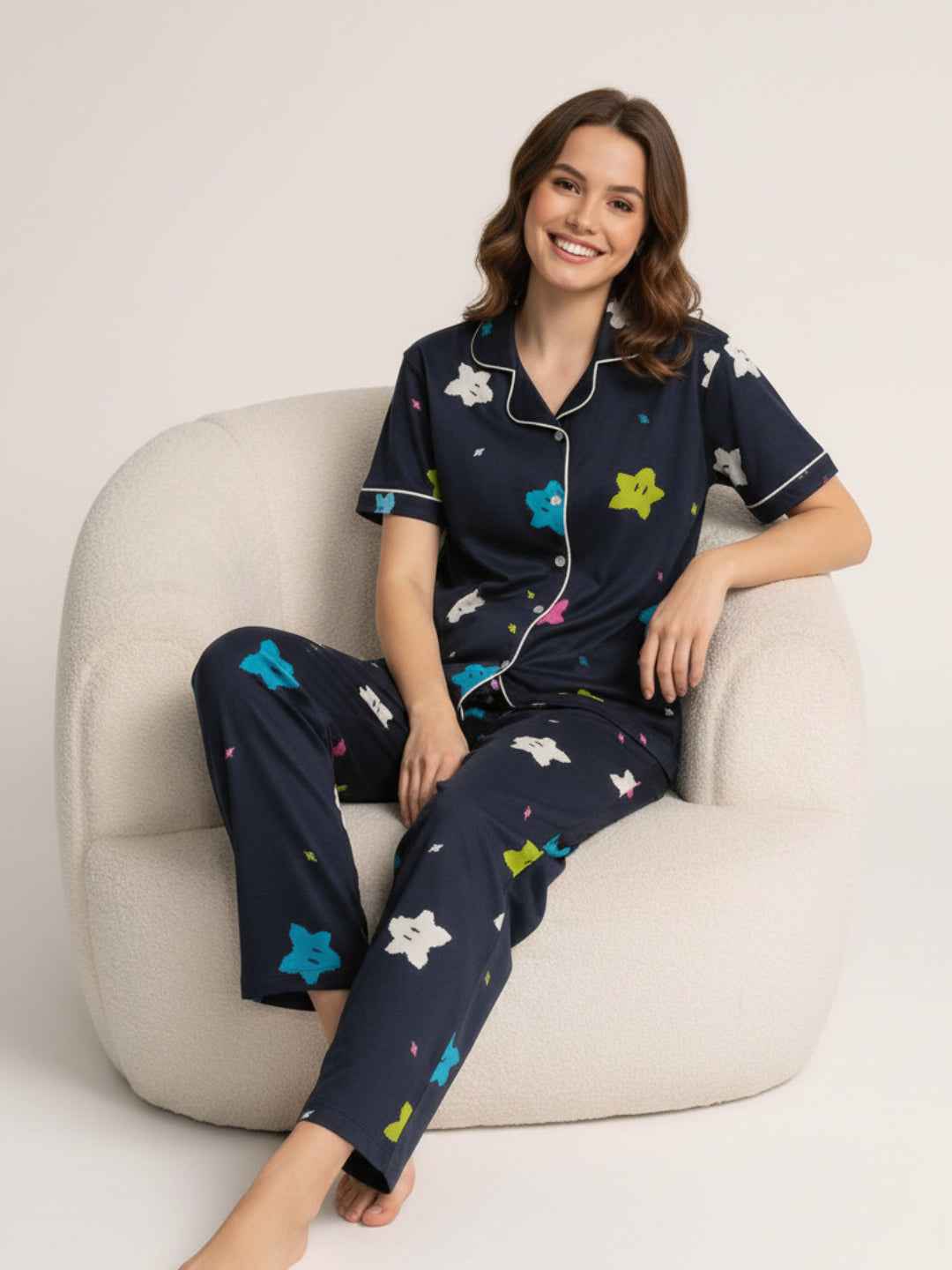 Navy Blue Cotton Printed Night Suit- Printed Shirt & Pyjama
