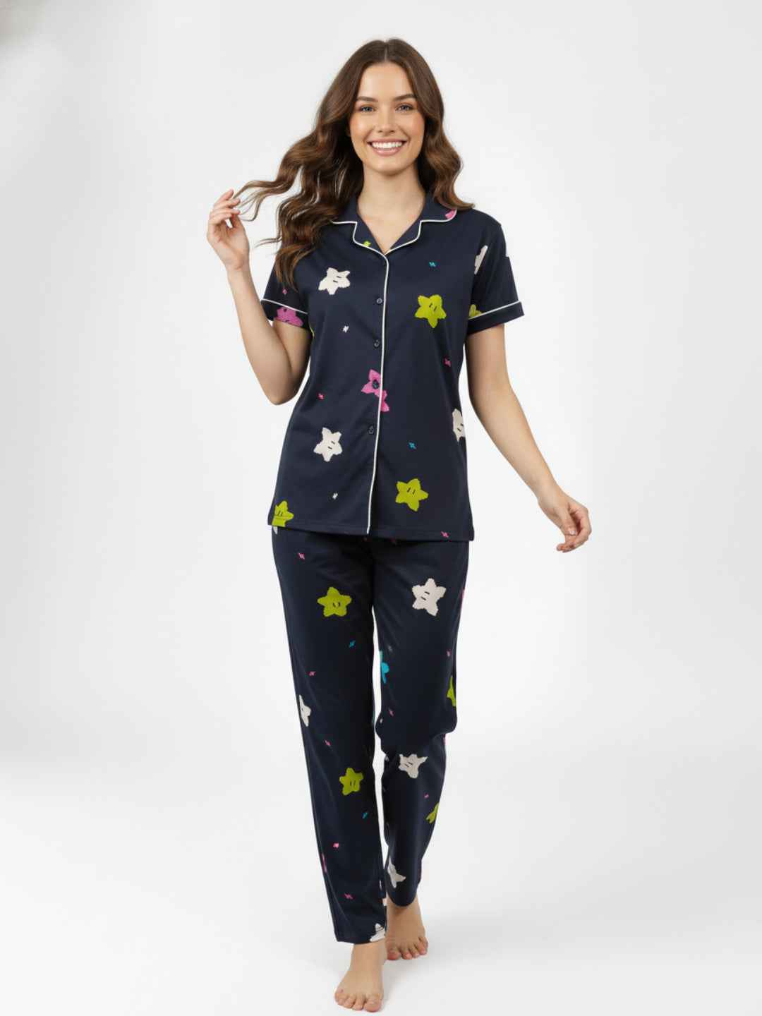 Navy Blue Cotton Printed Night Suit- Printed Shirt & Pyjama