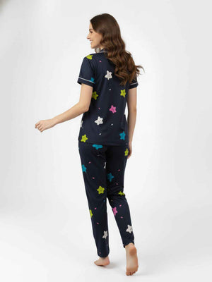 Navy Blue Cotton Printed Night Suit- Printed Shirt & Pyjama