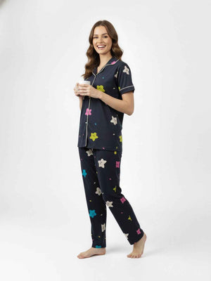 Navy Blue Cotton Printed Night Suit- Printed Shirt & Pyjama