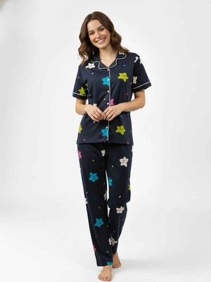 Navy Blue Cotton Printed Night Suit- Printed Shirt & Pyjama