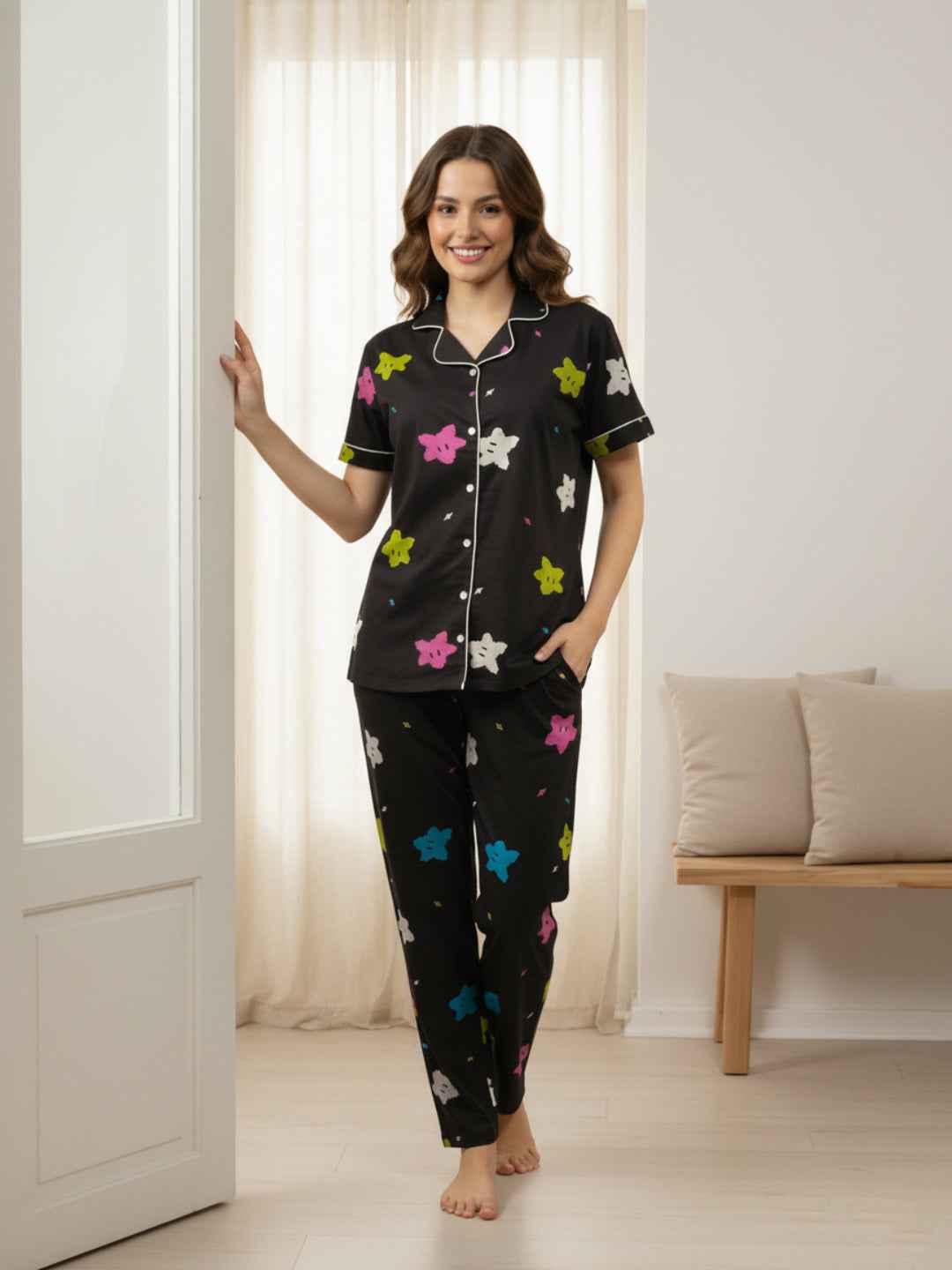 Black Cotton Printed Night Suit- Printed Shirt & Pyjama