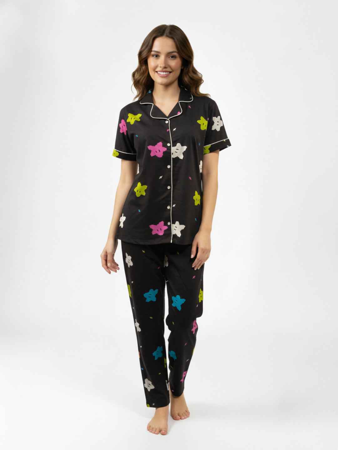 Black Cotton Printed Night Suit- Printed Shirt & Pyjama