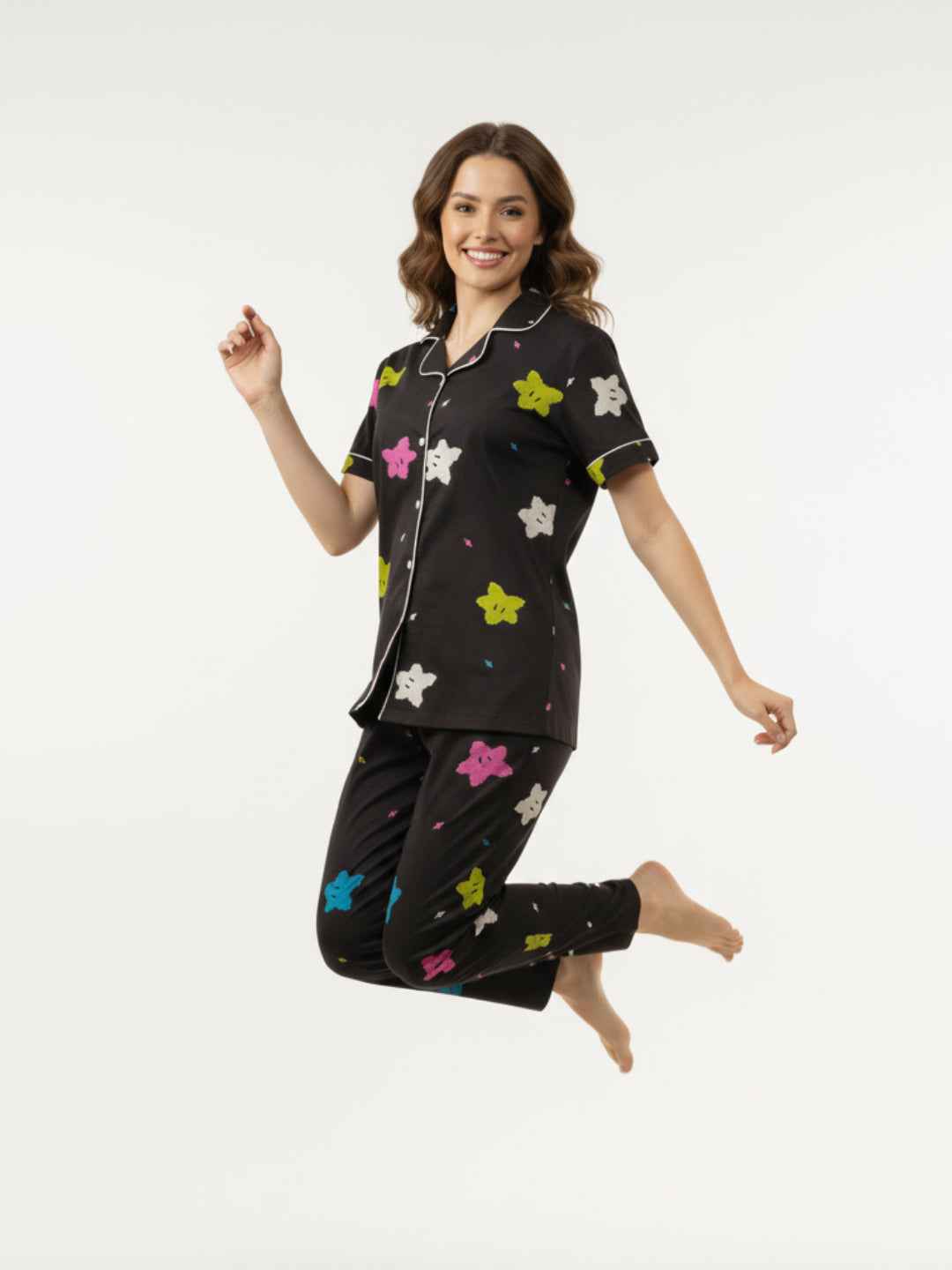 Black Cotton Printed Night Suit- Printed Shirt & Pyjama