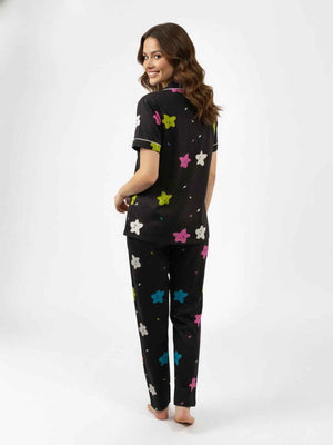 Black Cotton Printed Night Suit- Printed Shirt & Pyjama